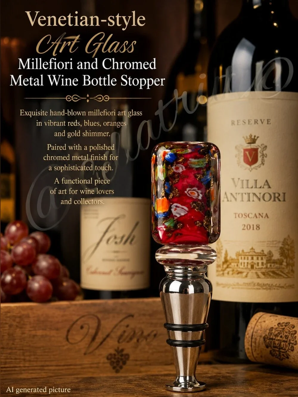 Venetian-style Art Glass Millefiori and Chromed Metal Wine Bottle Stopper